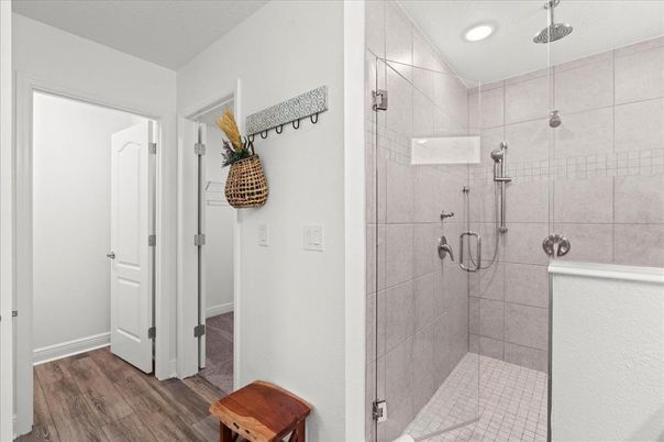 Bathroom, Glass Shower, Interior, Recessed Lighting, Wood Texture Flooring