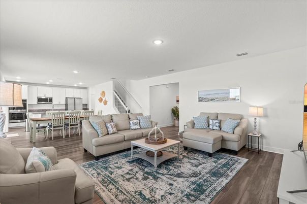 Dining room, Interior, Kitchen, Living room, Recessed Lighting, Stainless Steel Appliances, Wood Texture Flooring