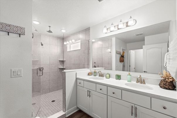 Bathroom, Dual Sink Vanities, Glass Shower, Interior, Recessed Lighting