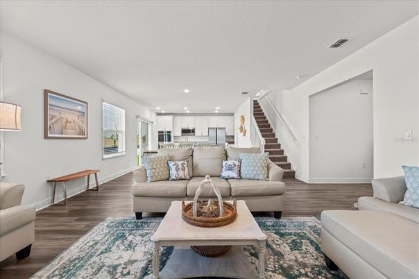 Interior, Kitchen, Living room, Recessed Lighting, Stainless Steel Appliances, Wood Texture Flooring