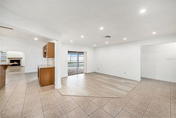 Empty room, Fireplace, Interior, Recessed Lighting, Wood Texture Flooring