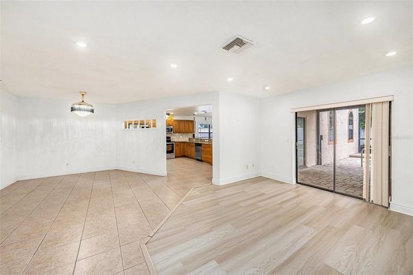 Empty room, Interior, Kitchen, Pendant Lights, Recessed Lighting, Wood Texture Flooring