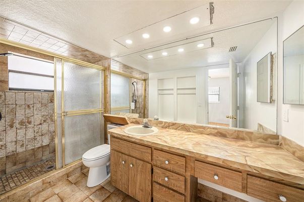 Bathroom, Glass Shower, Interior, Recessed Lighting, Tile Countertops