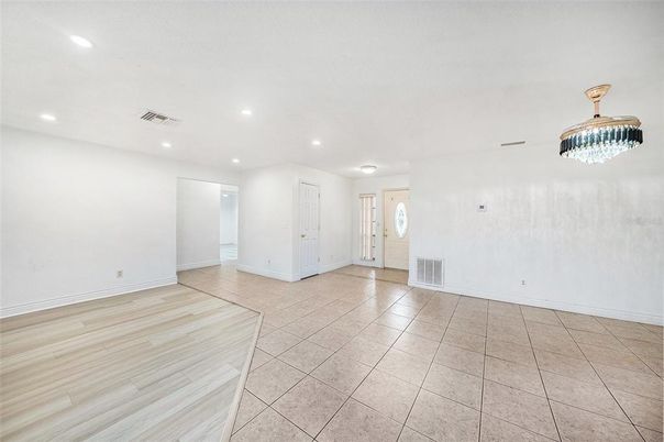 Chandelier, Empty room, Interior, Recessed Lighting, Wood Texture Flooring