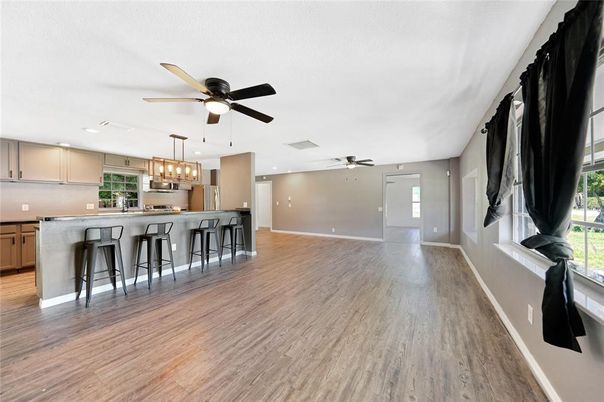 Empty room, Interior, Kitchen, Pendant Lights, Recessed Lighting, Wood Texture Flooring
