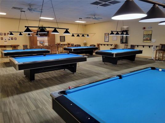 Billiard Table, Game Room, Interior, Pendant Lights, Recessed Lighting, Wood Texture Flooring