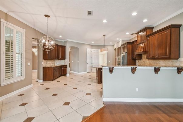 Chandelier, Interior, Kitchen, Pendant Lights, Recessed Lighting, Wood Texture Flooring