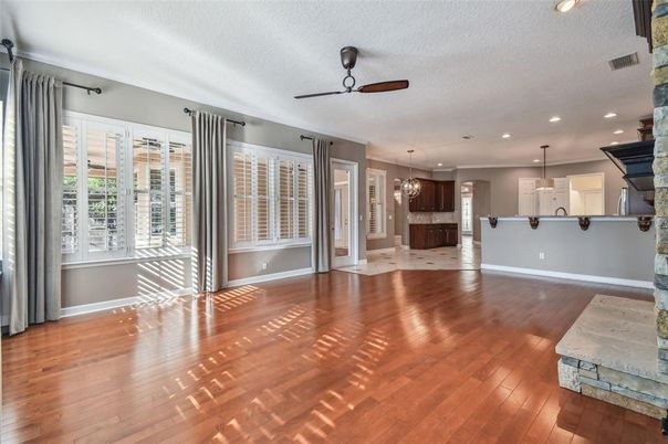 Empty room, Interior, Kitchen, Pendant Lights, Recessed Lighting, Wood Texture Flooring