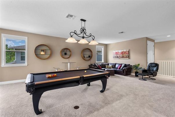 Billiard Table, Chandelier, Game Room, Interior, Living room, Recessed Lighting