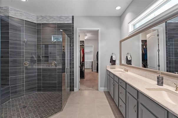Bathroom, Dual Sink Vanities, Glass Shower, Interior, Recessed Lighting