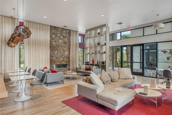 Dining room, Fireplace, Interior, Living room, Pendant Lights, Recessed Lighting, Stone Walls, Wood Texture Flooring