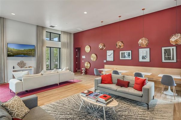 Dining room, Interior, Living room, Pendant Lights, Recessed Lighting, Wood Texture Flooring