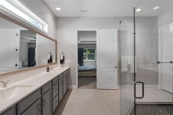 Bathroom, Dual Sink Vanities, Glass Shower, Interior, Recessed Lighting