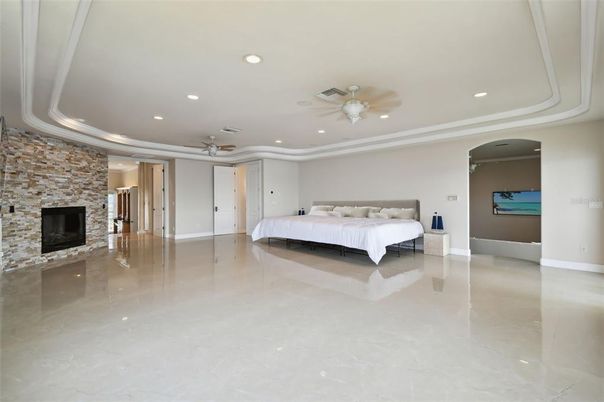 Bedroom, Fireplace, Interior, Recessed Lighting, Stone Walls