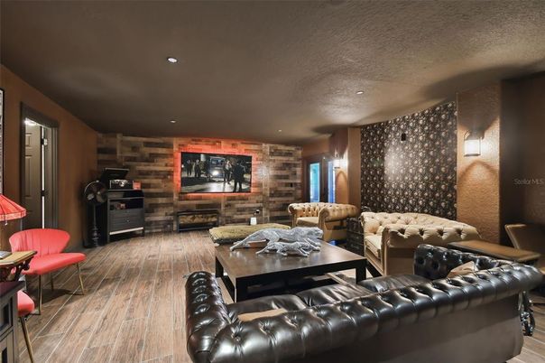 Interior, Living room, Recessed Lighting, Wood Texture Flooring, Wooden Walls