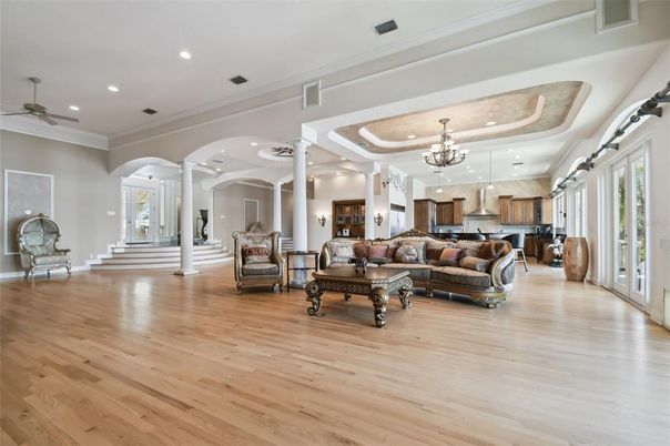Chandelier, Interior, Kitchen, Living room, Recessed Lighting, Wood Texture Flooring
