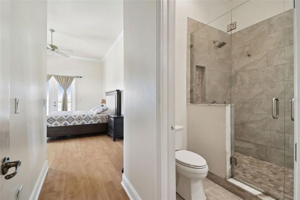 Bathroom, Bedroom, Glass Shower, Interior, Marble Walls, Wood Texture Flooring
