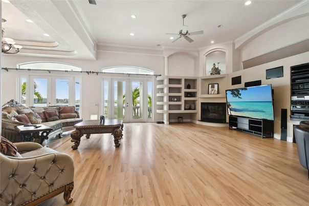 Fireplace, Interior, Living room, Recessed Lighting, Wood Texture Flooring