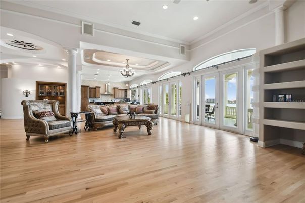Chandelier, Interior, Living room, Recessed Lighting, Wood Texture Flooring