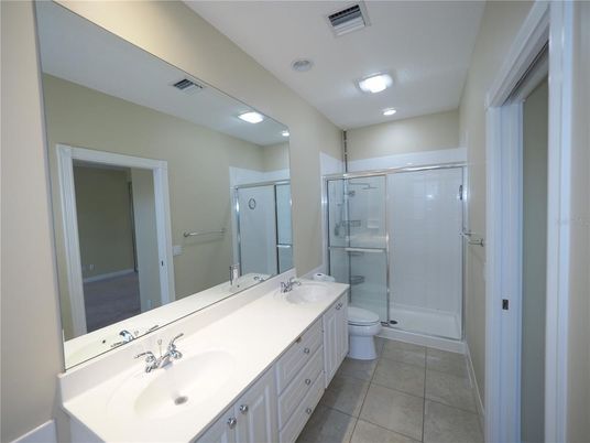 Bathroom, Dual Sink Vanities, Glass Shower, Interior, Recessed Lighting