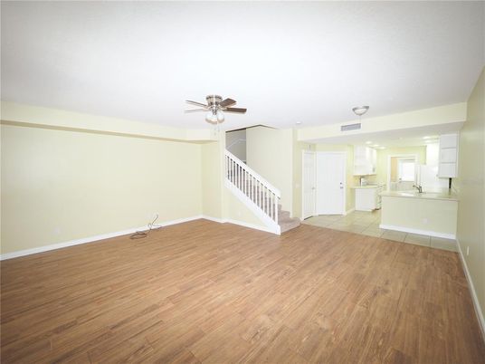 Empty room, Interior, Kitchen, Recessed Lighting, Wood Texture Flooring