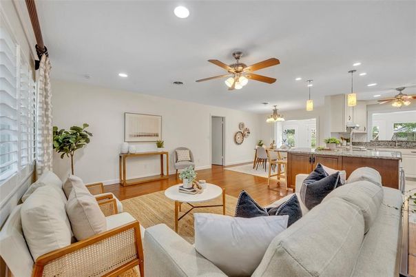 Dining room, Interior, Kitchen, Living room, Pendant Lights, Recessed Lighting, Wood Texture Flooring