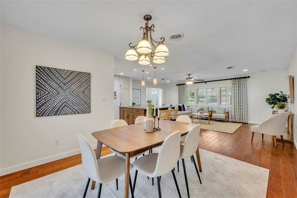 Chandelier, Dining room, Interior, Kitchen, Living room, Pendant Lights, Recessed Lighting, Wood Texture Flooring