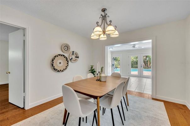 Chandelier, Dining room, Interior, Wood Texture Flooring