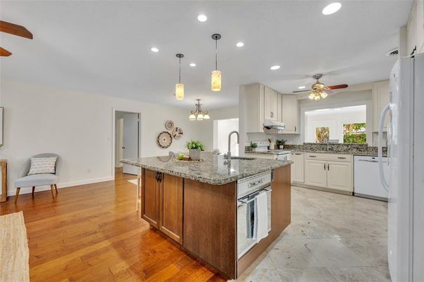 Interior, Kitchen, Pendant Lights, Recessed Lighting, Wood Texture Flooring
