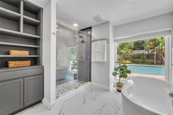 Bathroom, Free Standing Baths, Glass Shower, Interior, Marble, Recessed Lighting