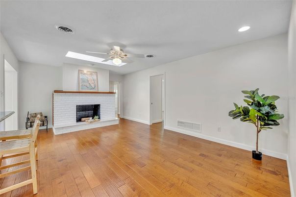 Empty room, Fireplace, Interior, Recessed Lighting, Wood Texture Flooring