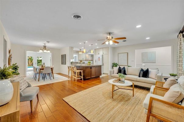 Dining room, Interior, Kitchen, Living room, Pendant Lights, Recessed Lighting, Wood Texture Flooring