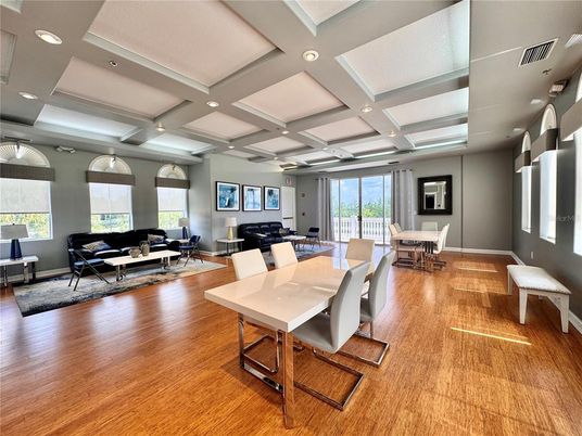 Dining room, Interior, Living room, Recessed Lighting, Wood Texture Flooring