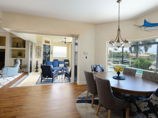 Dining room, Interior, Pendant Lights, Wood Texture Flooring