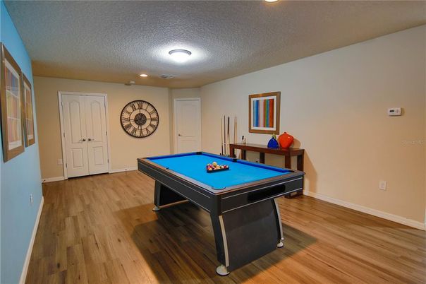 Billiard Table, Game Room, Interior, Recessed Lighting, Wood Texture Flooring