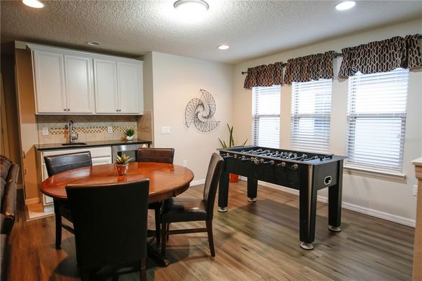 Dining room, Interior, Recessed Lighting, Wood Texture Flooring