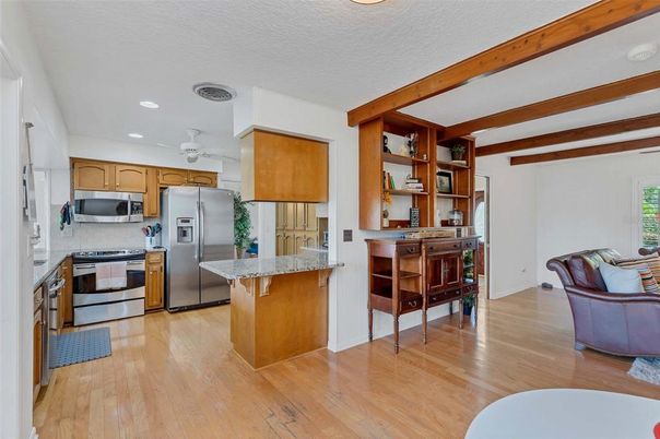 Interior, Kitchen, Recessed Lighting, Stainless Steel Appliances, Wooden Beams, Wood Texture Flooring