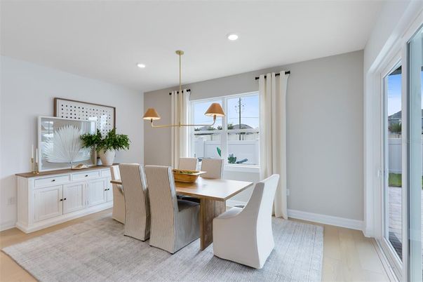 Dining room, Interior, Pendant Lights, Recessed Lighting, Wood Texture Flooring