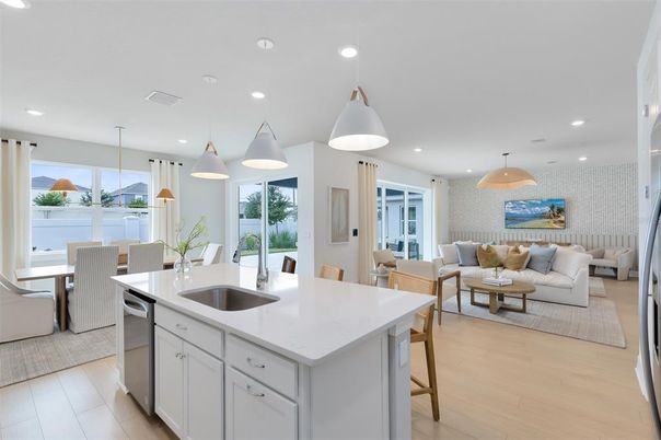 Dining room, Interior, Kitchen, Living room, Pendant Lights, Recessed Lighting, Stainless Steel Appliances, Wood Texture Flooring