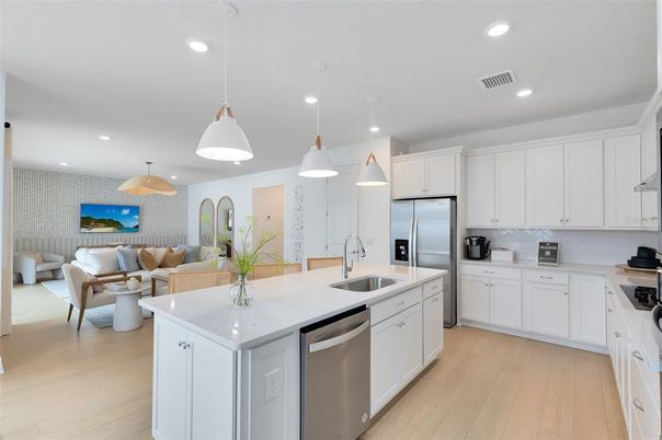 Interior, Kitchen, Living room, Pendant Lights, Recessed Lighting, Stainless Steel Appliances, Wood Texture Flooring