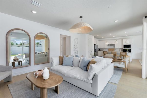 Dining room, Interior, Kitchen, Living room, Pendant Lights, Recessed Lighting, Stainless Steel Appliances, Wood Texture Flooring