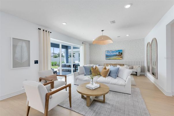 Interior, Living room, Pendant Lights, Recessed Lighting, Wood Texture Flooring