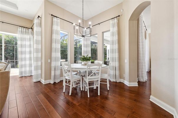 Dining room, Interior, Pendant Lights, Wood Texture Flooring