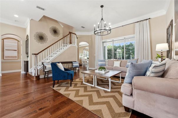 Chandelier, Interior, Living room, Recessed Lighting, Wood Texture Flooring