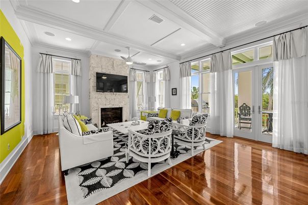 Fireplace, Interior, Living room, Recessed Lighting, Stone Walls, Wood Texture Flooring