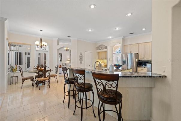 Chandelier, Dining room, Interior, Kitchen, Recessed Lighting, Stainless Steel Appliances