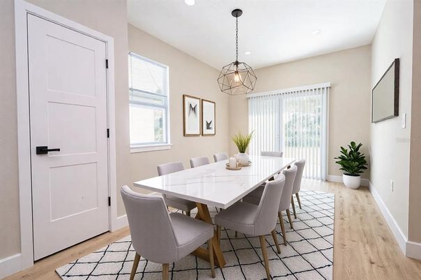Empty room, Interior, Kitchen, Pendant Lights, Recessed Lighting, Wood Texture Flooring