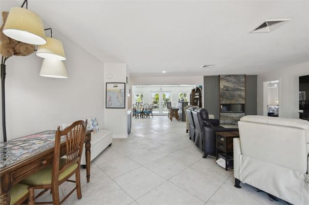Dining room, Fireplace, Interior, Living room, Recessed Lighting