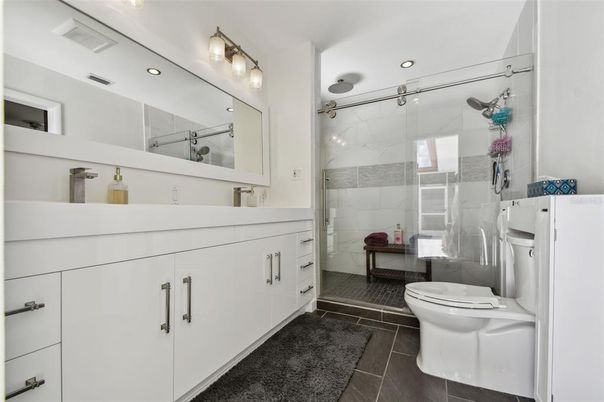 Bathroom, Glass Shower, Interior, Marble Walls, Recessed Lighting