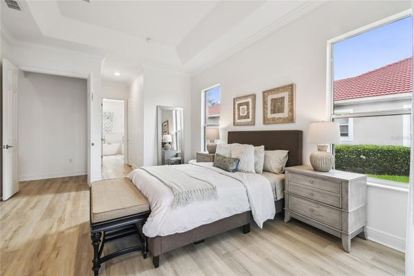 Bedroom, Interior, Recessed Lighting, Wood Texture Flooring